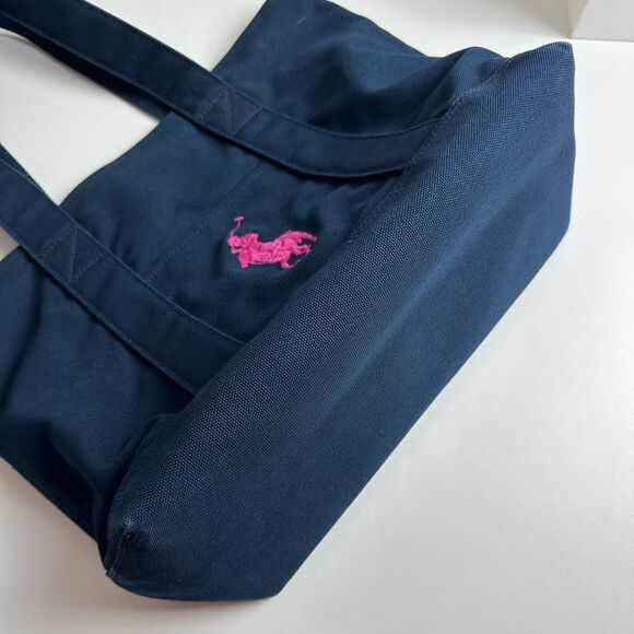 Polo Ralph Lauren Canvas Tote Bag Navy With Pink Fuchsia Pony Embroidered RARE - Picture 4 of 14